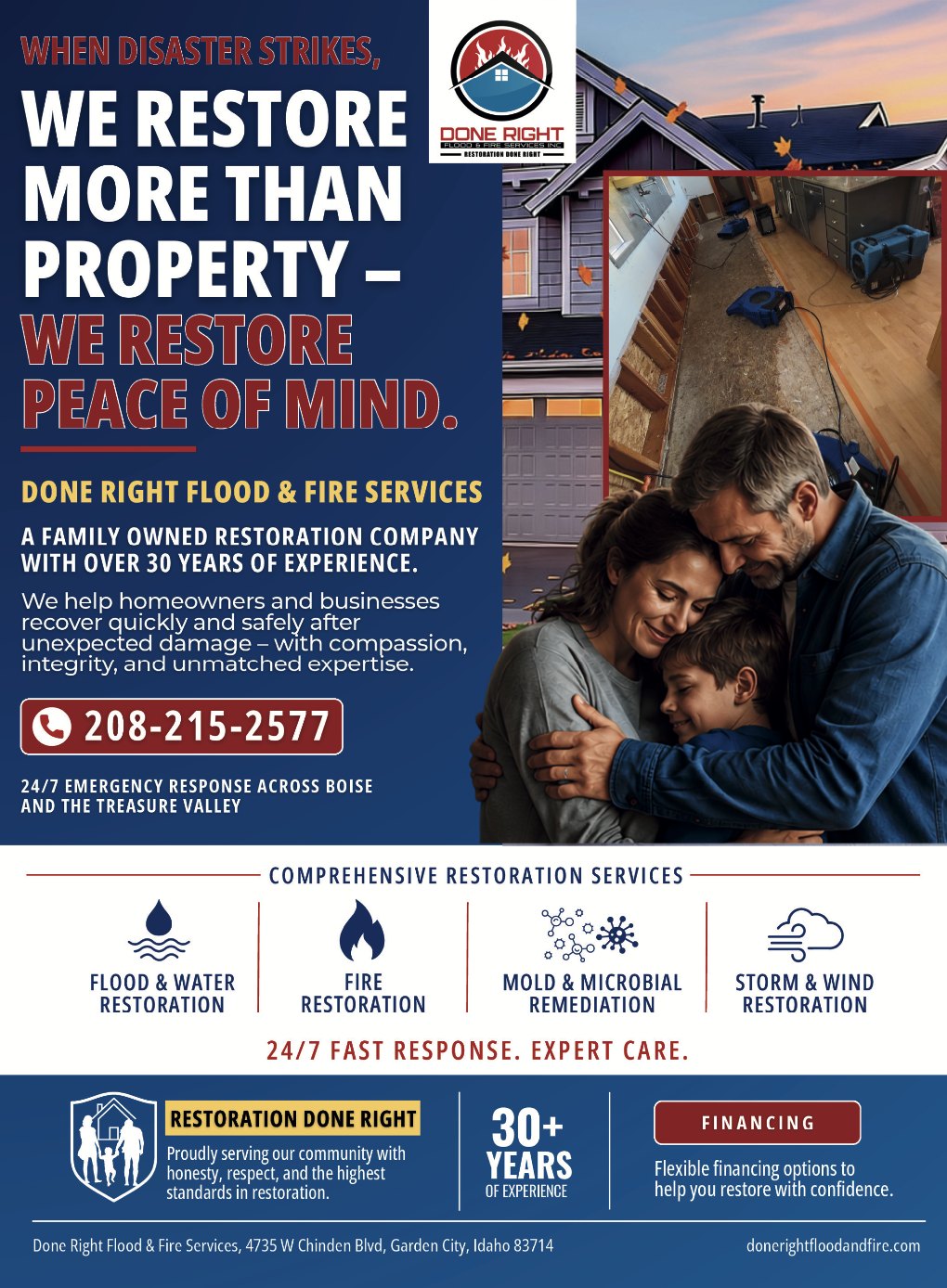 Done Right Flood & Fire Services, 24/7 restoration, call 208-215-2577