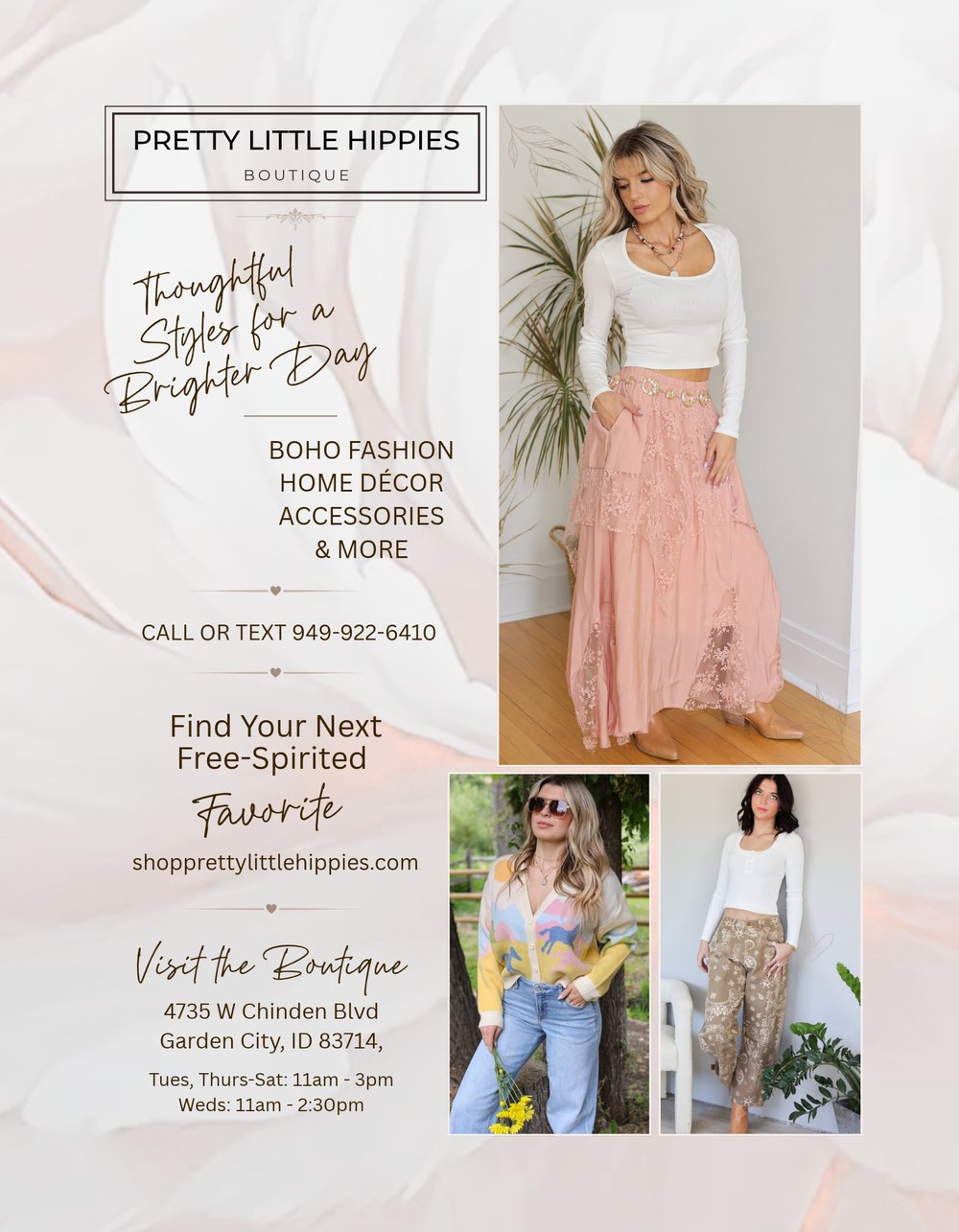 Pretty Little Hippies Boutique flyer: Thoughtful Styles for a Brighter Day. 4735 W Chinden Blvd, Garden City. shopprettylittlehippies.com